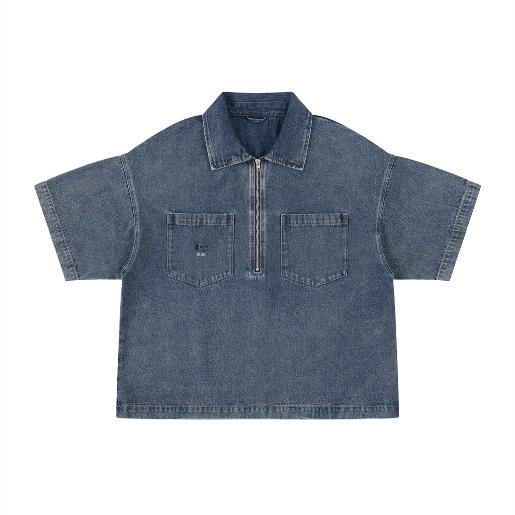 Unisex Vintage Wash Boxy Quarter-Zip Believe G.V.O.M. Denim Shirt