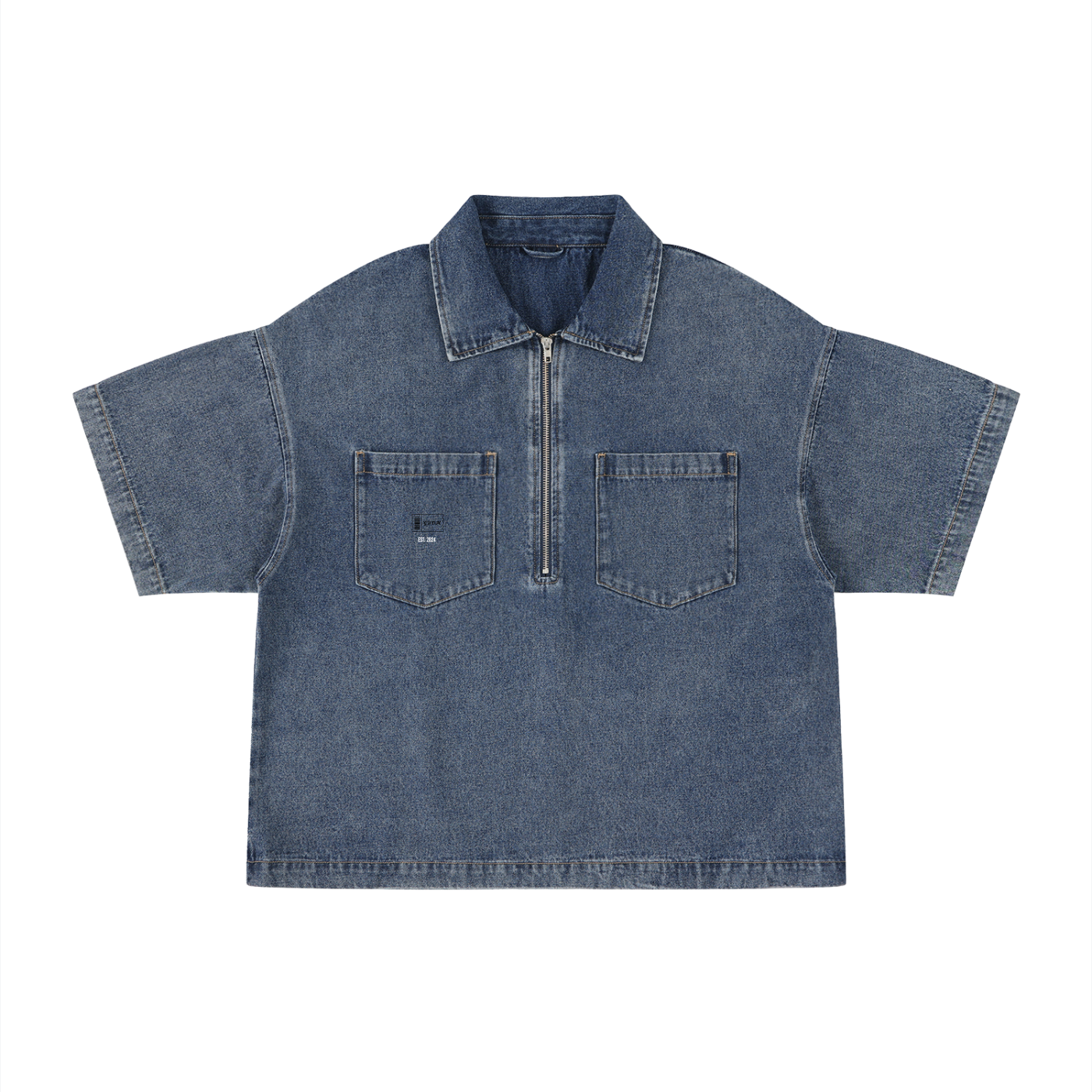 Unisex Vintage Wash Boxy Quarter-Zip Believe G.V.O.M. Denim Shirt