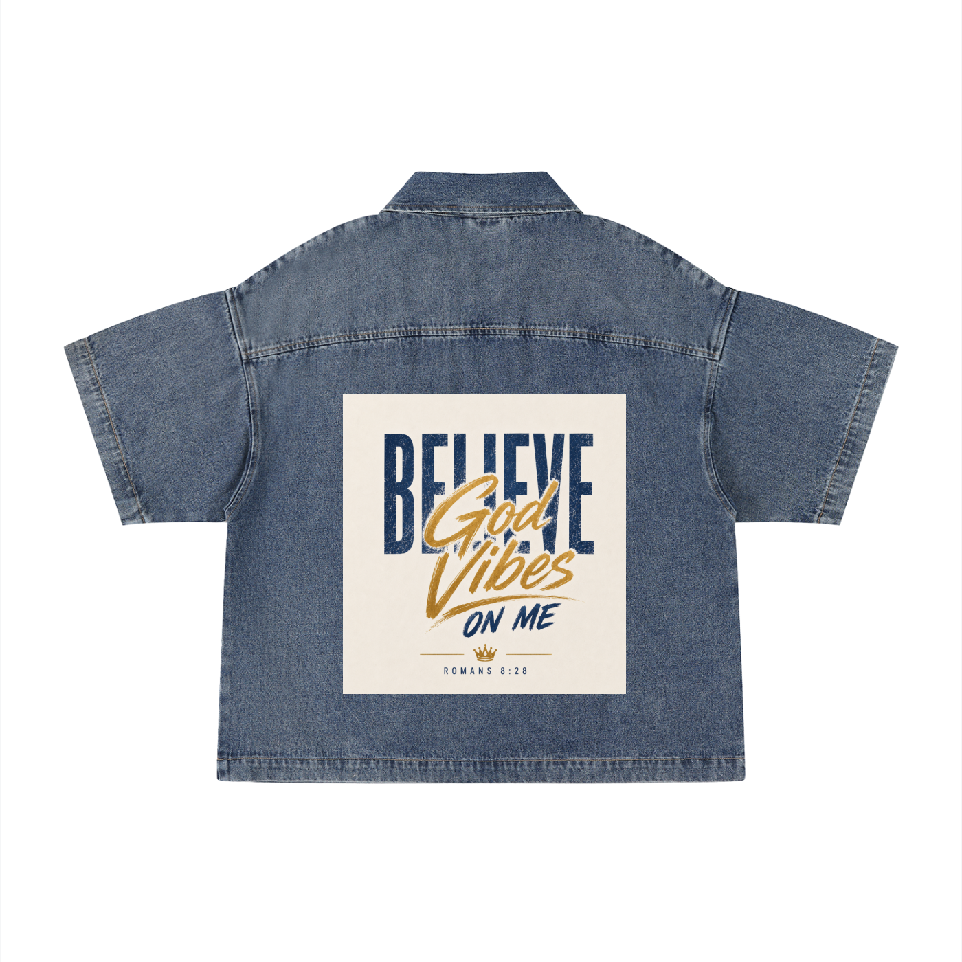 Unisex Vintage Wash Boxy Quarter-Zip Believe G.V.O.M. Denim Shirt